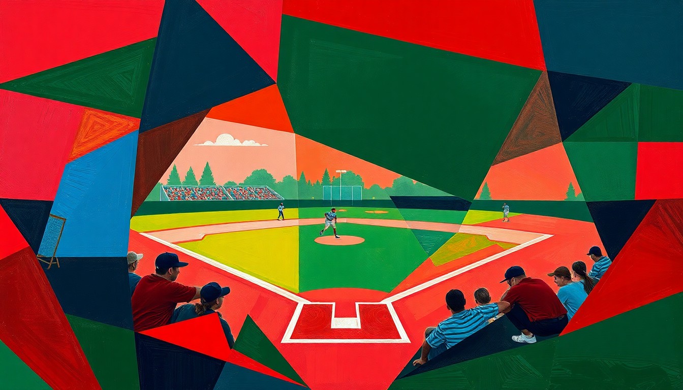 A fragmented, geometric painting in shades of red, blue, and green, capturing the dynamic motion and multiple perspectives of a high school softball game.