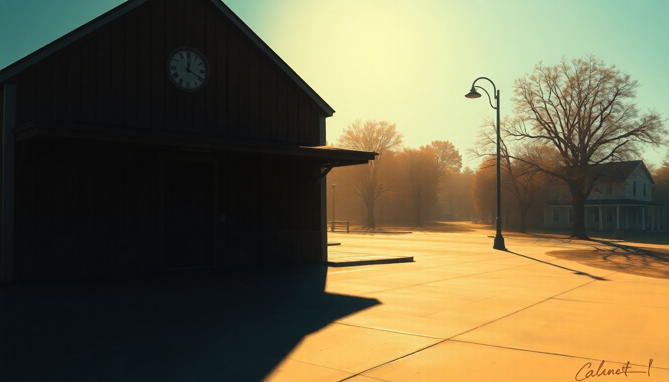 A serene, photorealistic painting of an empty town square in Cambria, Wisconsin, with warm sunlight casting long shadows across the pavement and surrounding buildings, conveying a sense of civic contemplation.