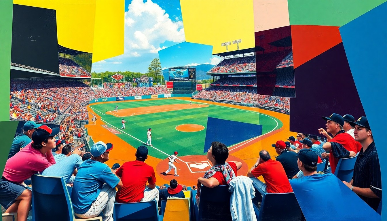 A cubist, geometric painting depicting a baseball game, with sharp, overlapping planes of color representing the dynamic action on the field.