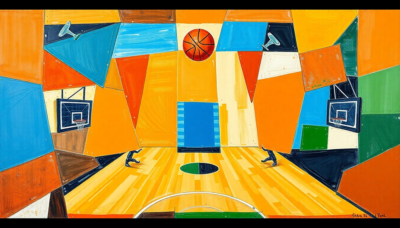 A cubist-style painting featuring fragmented, geometric shapes in orange, blue, and green, conceptually representing the excitement and energy of a basketball game.