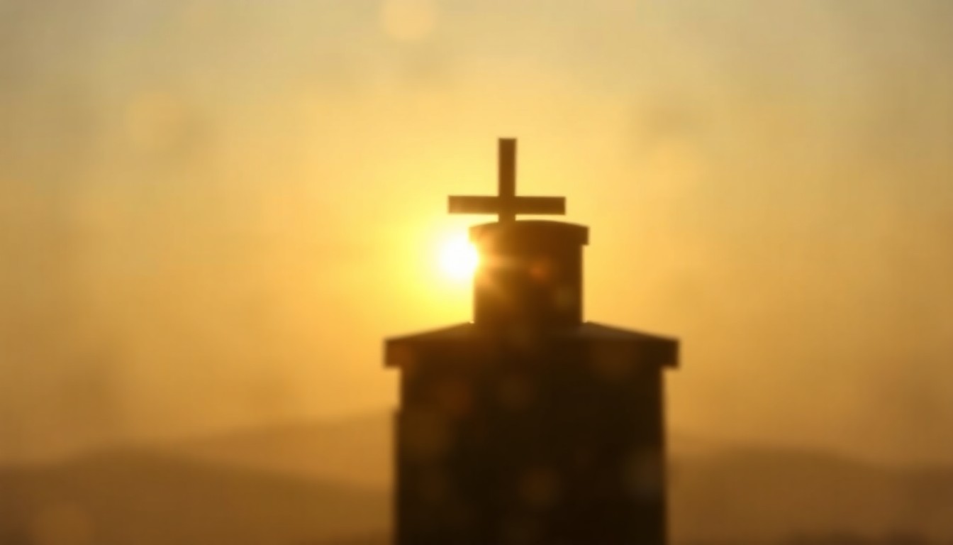 An abstract, impressionistic photograph of the Bald Knob Cross silhouetted against a warm, hazy sunrise, with the cross's outline softly reflected in the foreground.