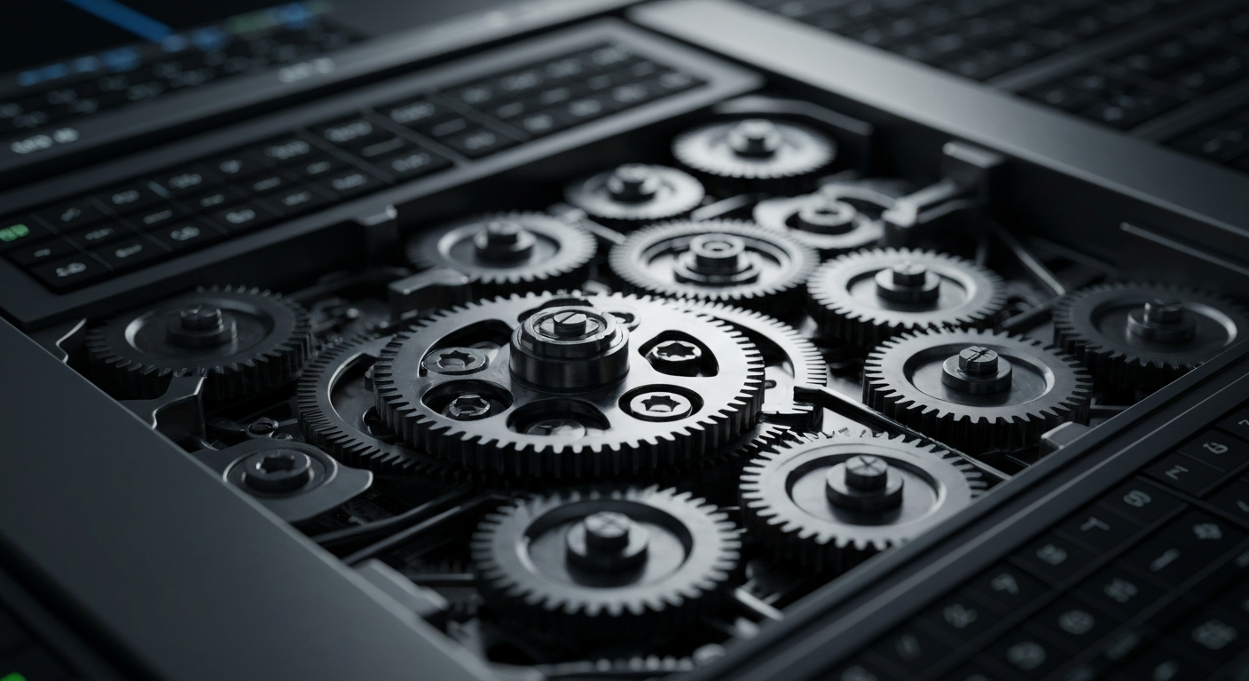 A highly detailed, black-and-white macro photograph of the inner workings of a stock trading terminal, conveying the complex, industrial nature of the financial systems that support Entravision Communications' business.