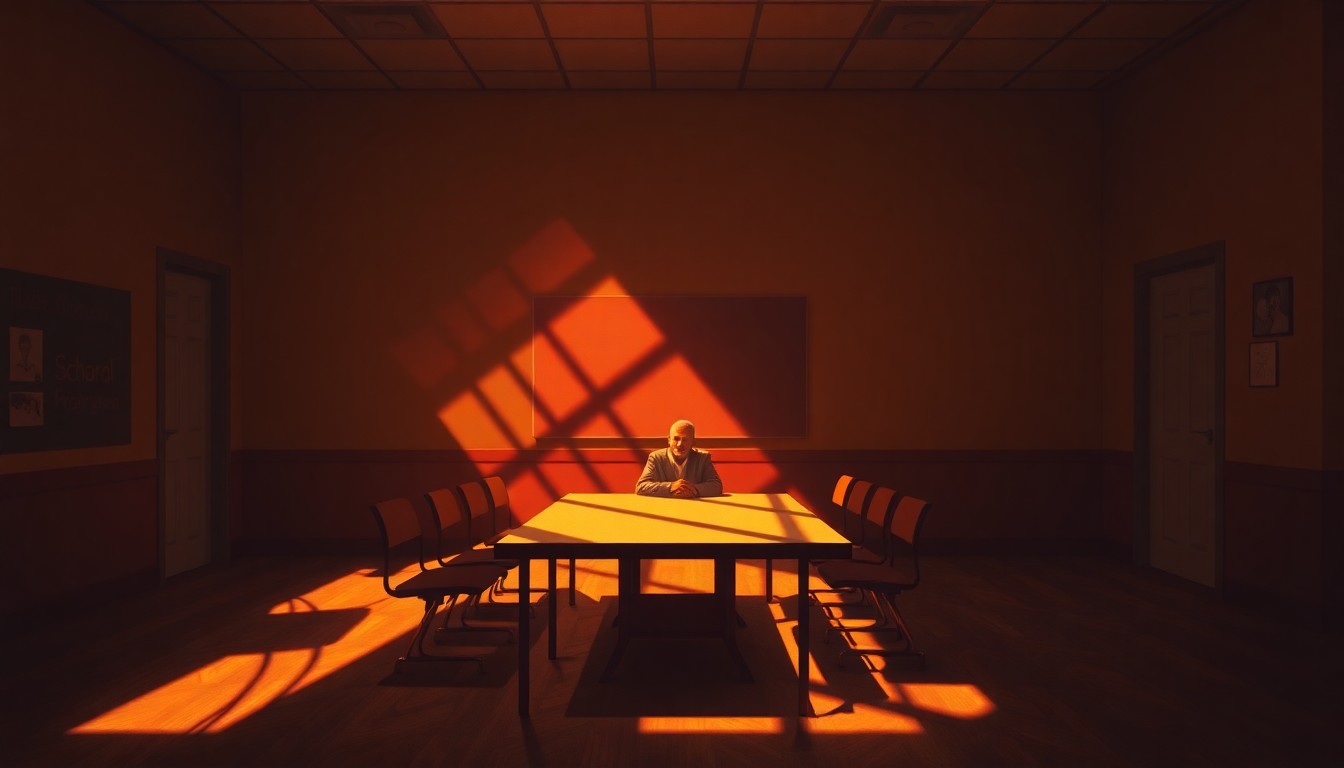 A serene, cinematic painting of a dimly lit school board meeting room, with a lone figure seated at the head of the table, bathed in warm, diagonal sunlight and deep shadows, conceptually representing the growing influence of conservative parent groups in education policy.