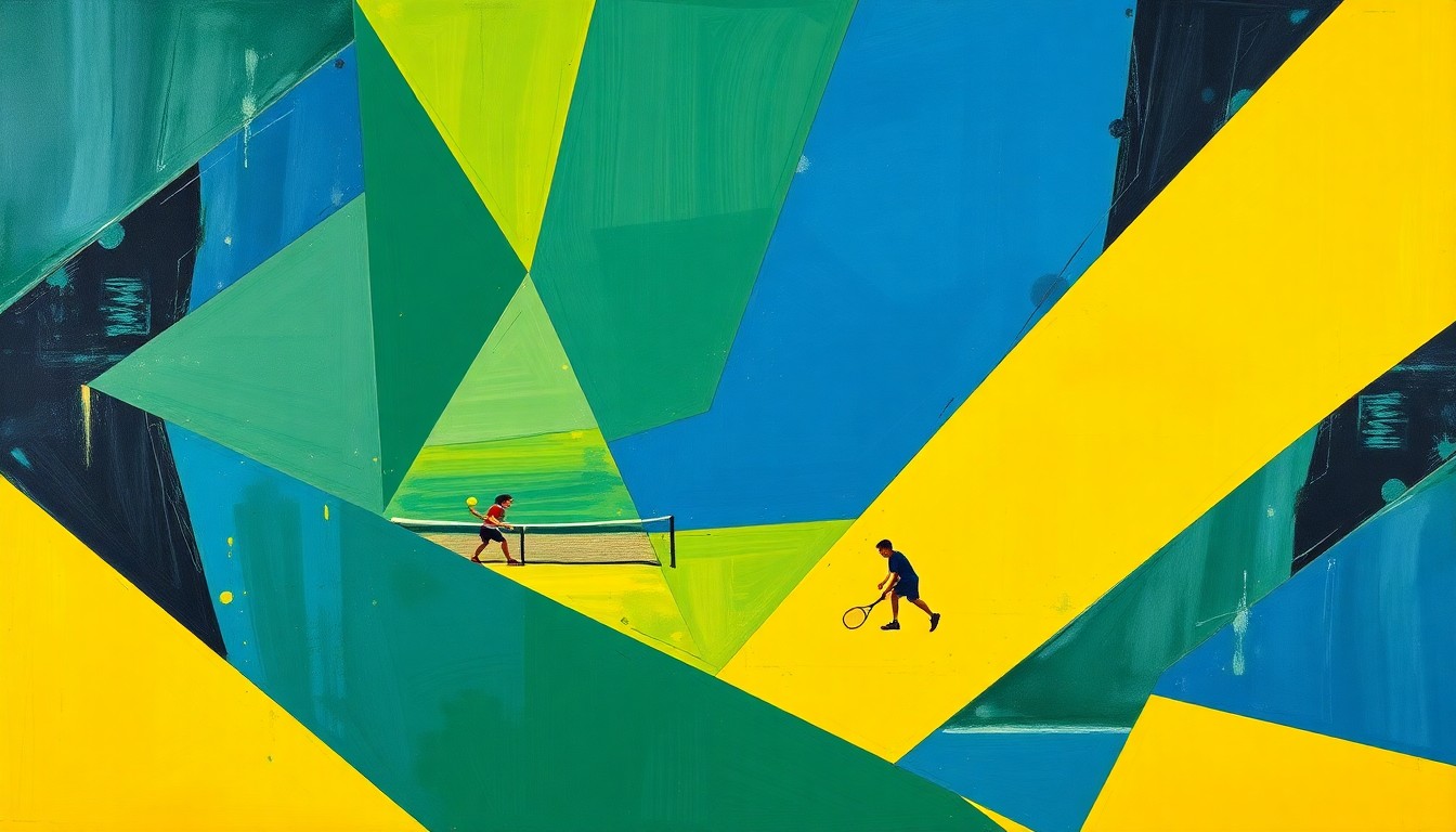 A fragmented, geometric painting depicting a high school tennis match from multiple angles, with sharp planes of navy, green, and yellow representing the dynamic movement and intensity of the sport.