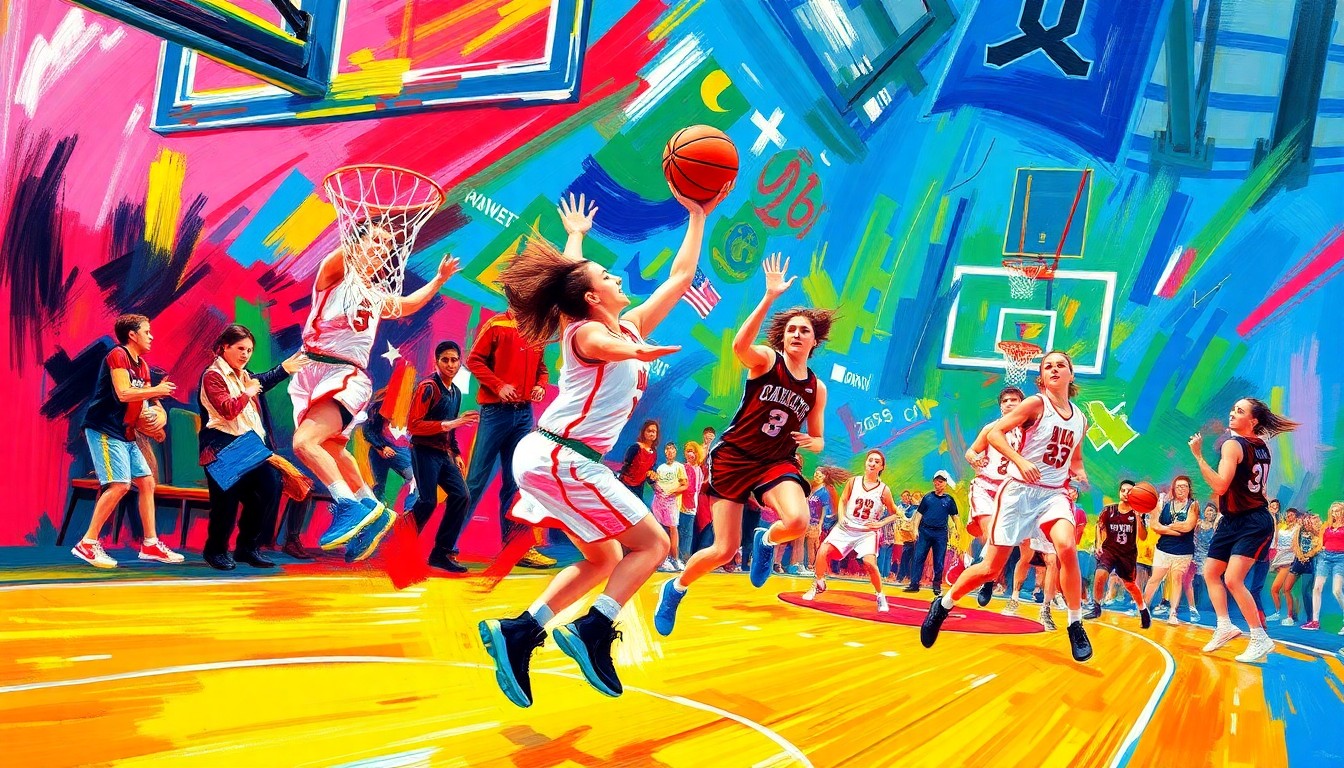 An abstract painting in neon colors and expressive brushstrokes, conveying the energy and excitement of a high school girls basketball championship game.