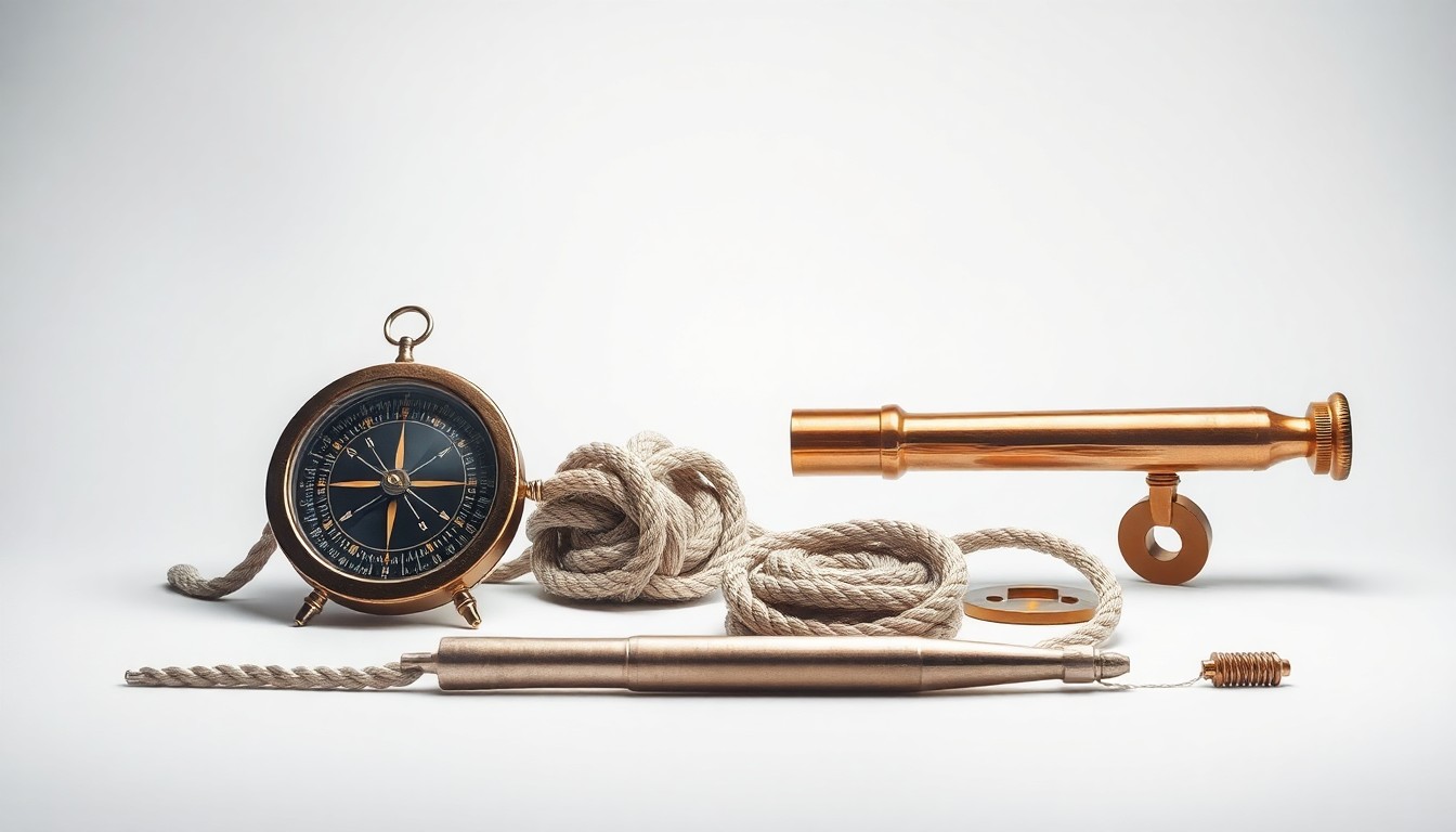 A photorealistic studio still life featuring a collection of polished, geometric maritime objects such as a ship's compass, a coil of rope, and a vintage brass telescope, arranged elegantly on a clean, monochromatic background to represent the precision and strategic importance of the maritime industry.