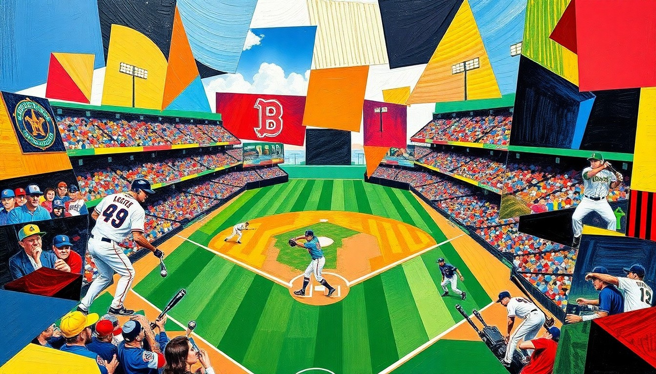 A cubist, geometric painting featuring overlapping planes of color representing the dynamic action of a baseball game, conceptually illustrating the personal and professional growth required for young stars to succeed at the highest level.