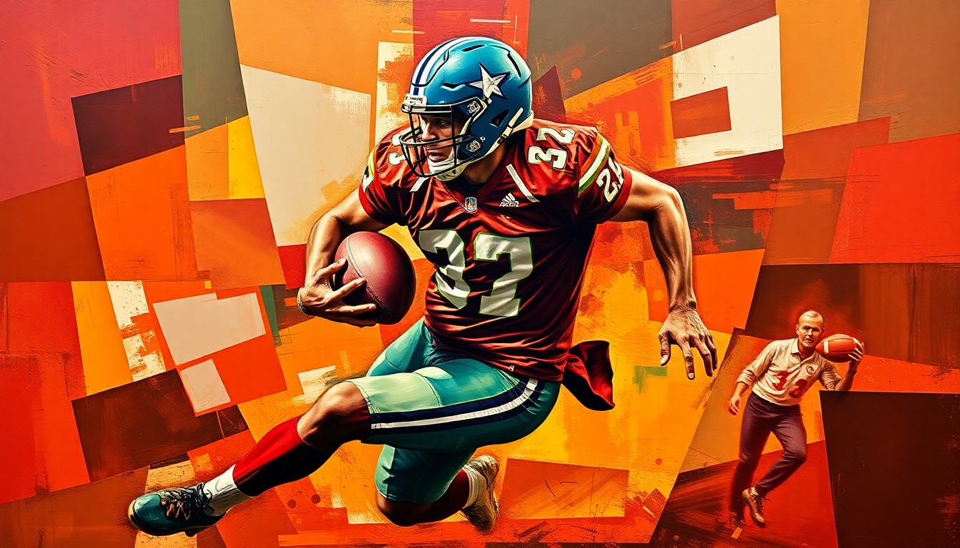 A fractured, cubist-style painting depicting a football player in motion, broken down into sharp, overlapping geometric shapes in a palette of deep reds, oranges, and greens, capturing the raw energy and power of the sport.