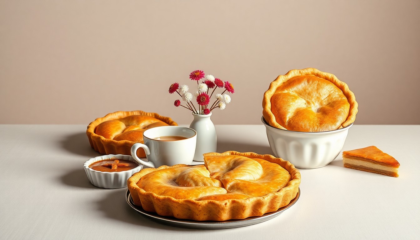 A photorealistic studio still life featuring a selection of freshly baked pies, a vintage-style teacup, and a small vase of flowers, conceptually representing the nostalgic, community-focused atmosphere of the new Slightly Crooked Pies shop.