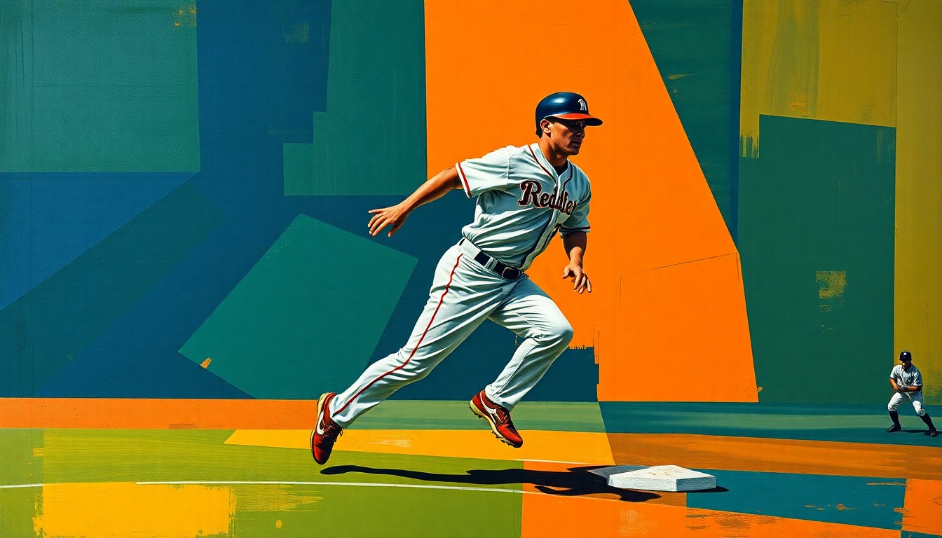 A cubist-style painting depicting a baseball player in motion, with their body broken down into overlapping geometric shapes in shades of blue, green, and orange, conveying the disruption caused by Soto's injury to the Mets' lineup.