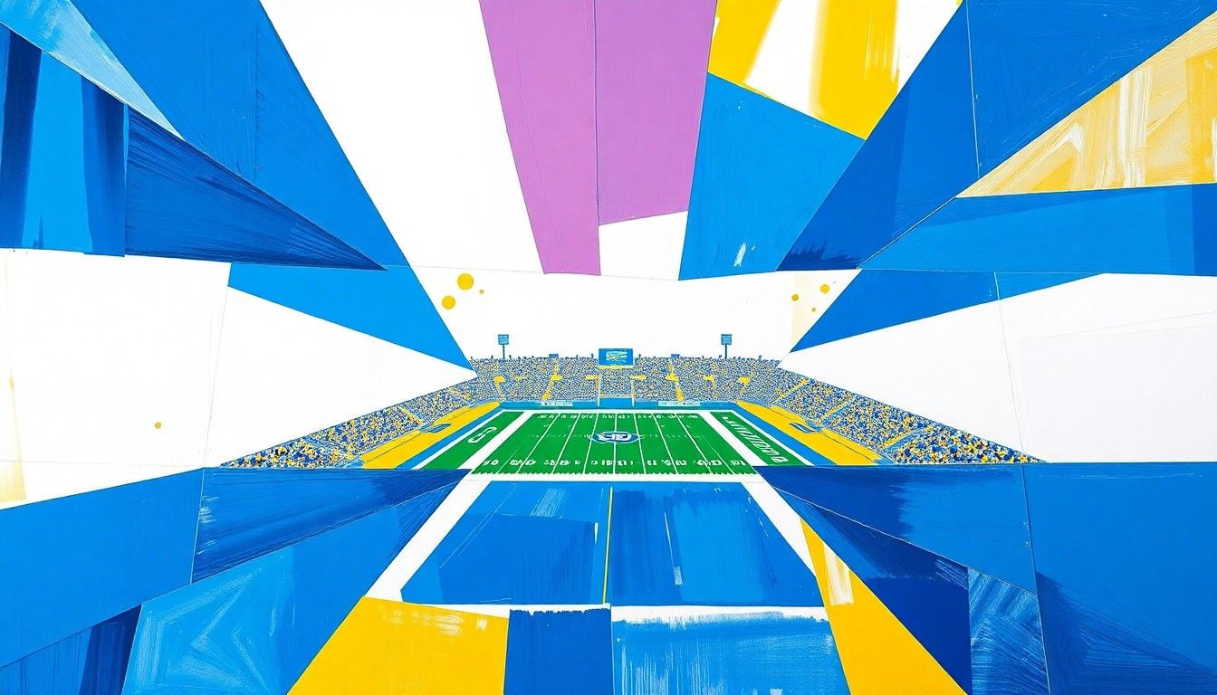 A cubist, geometric painting depicting a BYU football game, with overlapping planes of royal blue, white, and gold representing the dynamic action and energy of the alumni matchup.