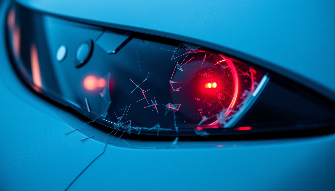 An extreme close-up of a shattered car sensor lens reflecting a faint red light, conceptually illustrating the vandalism of self-driving cars.