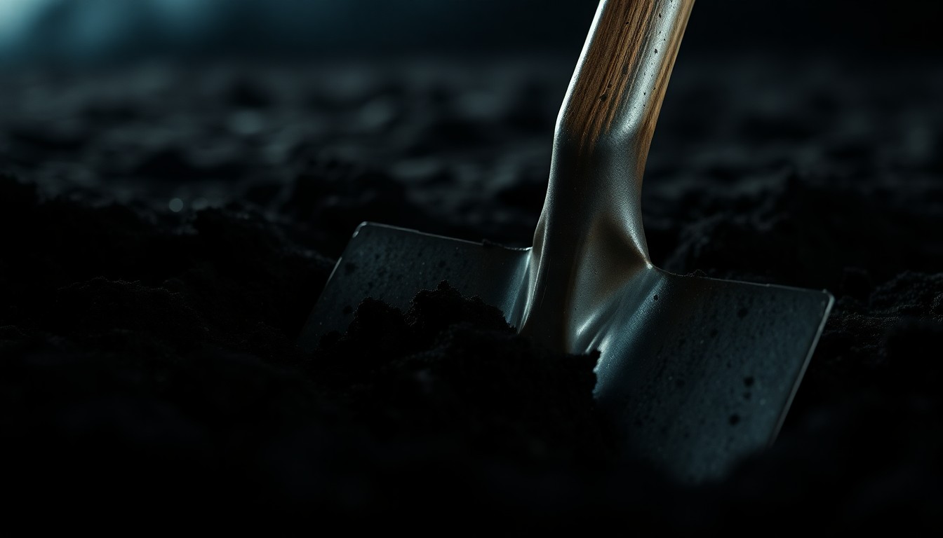An extreme close-up photograph of a shovel head partially buried in dark soil, lit by a harsh, direct camera flash, creating a stark, gritty, investigative aesthetic that conceptually represents the unsettling clues uncovered in the search for a missing person.