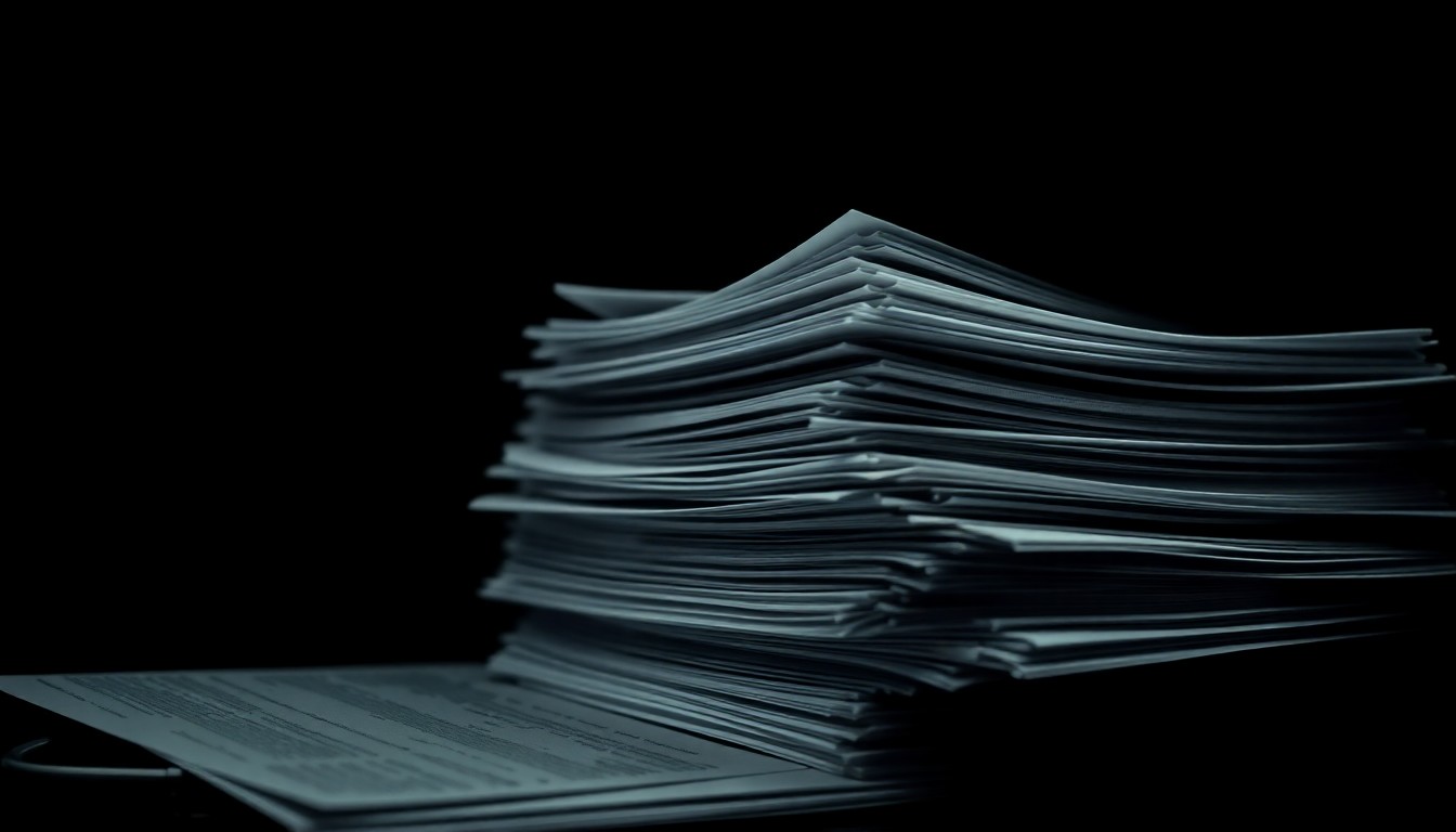 An extreme close-up photograph of a stack of medical files and documents, lit by a harsh, direct camera flash against a pitch-black background, conceptually illustrating the investigative nature of the federal crackdown on widespread hospice fraud.