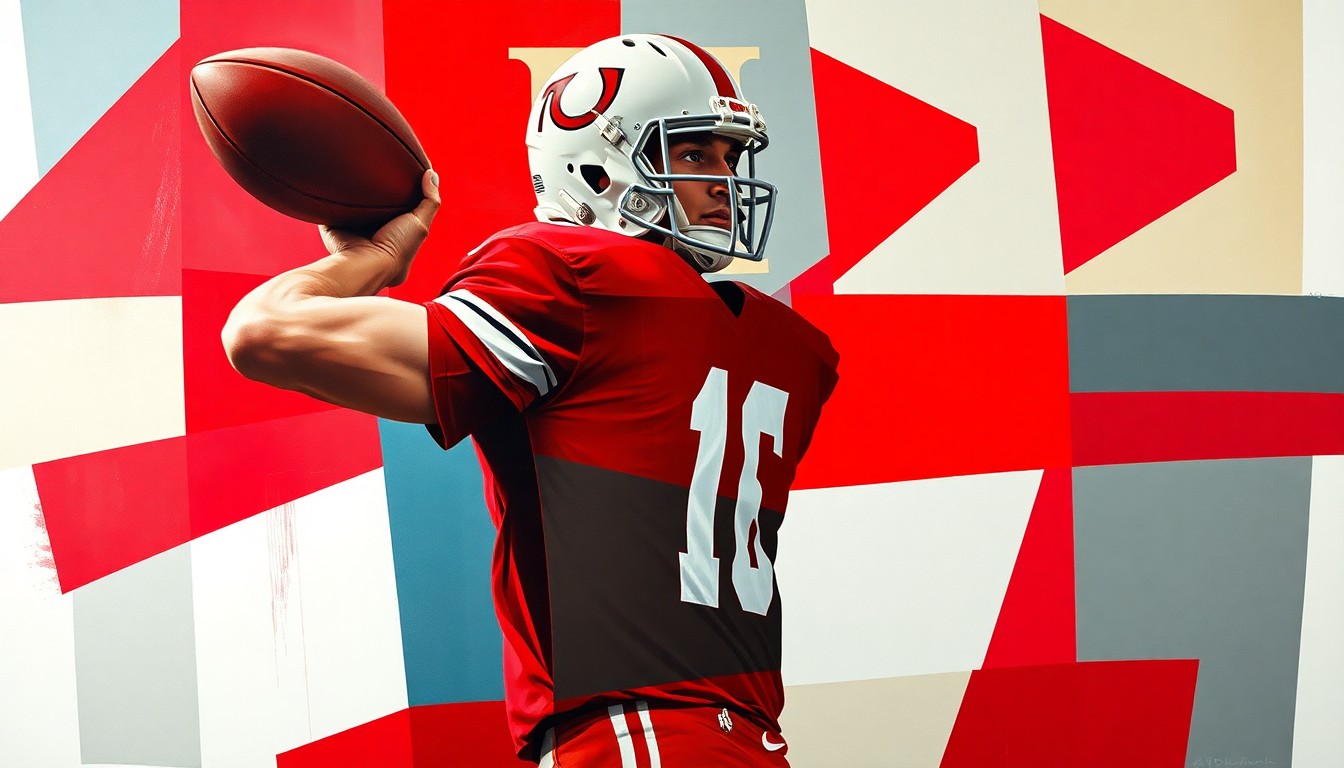 A fractured, cubist-style painting depicting a college football quarterback in the midst of a passing play, with the player's form broken down into sharp, overlapping geometric shapes in the team's official colors.