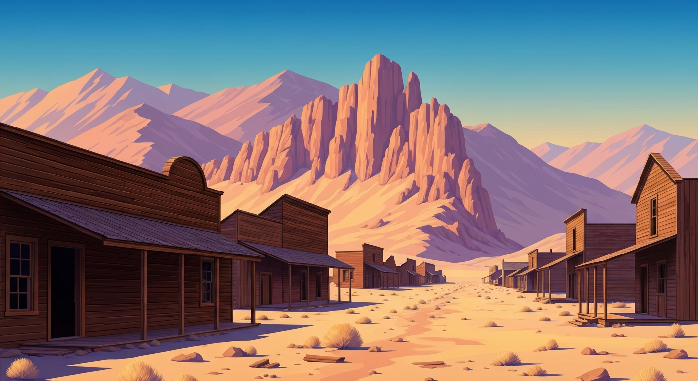 A bold, geometric illustration in the Art Deco style depicts the rugged, windswept landscape and weathered wooden buildings of the Bodie ghost town, capturing the grand scale and romantic atmosphere of this unique California destination.