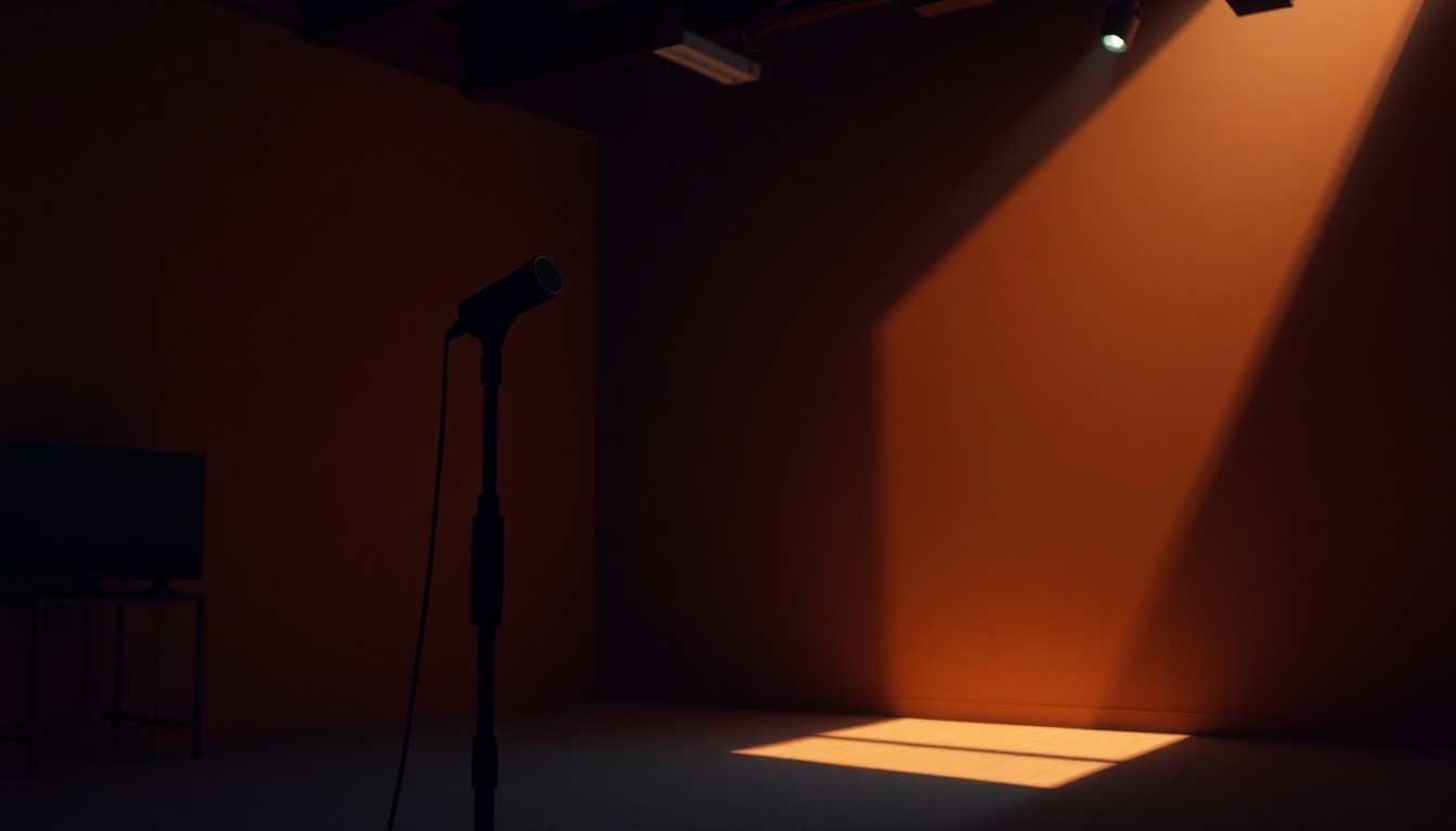 A cinematic painting of a solitary microphone stand in a dimly lit television studio, with warm diagonal sunlight and deep shadows, conveying a somber mood about a journalist facing legal issues.