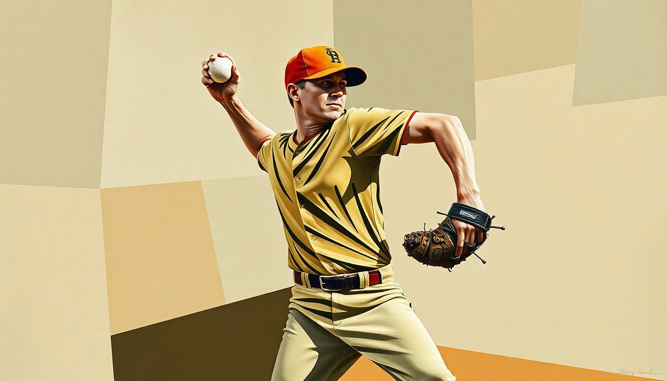 A fragmented, geometric painting depicting the various angles and perspectives of a baseball pitcher's windup and delivery, rendered in muted earth tones.