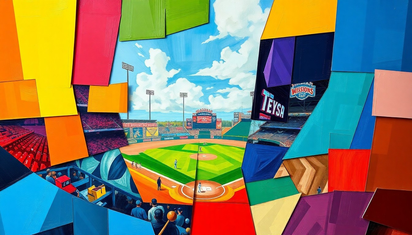 A cubist, geometric painting depicting a baseball game or match, with sharp, overlapping planes of color representing the dynamic action on the field.