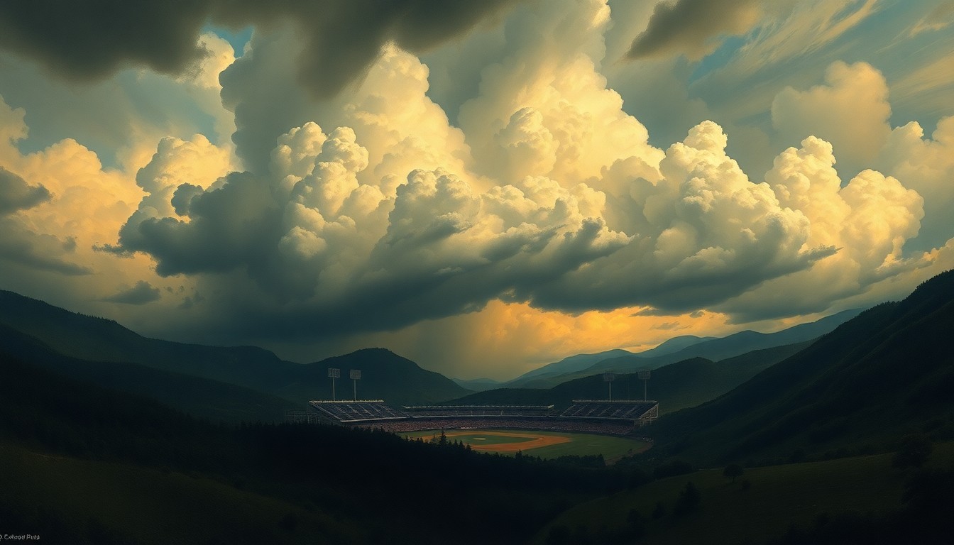 A vast, atmospheric landscape painting depicting a distant baseball stadium dwarfed by an ominous sky filled with heavy storm clouds, conveying the power of nature and the need for the team to adapt to the weather.