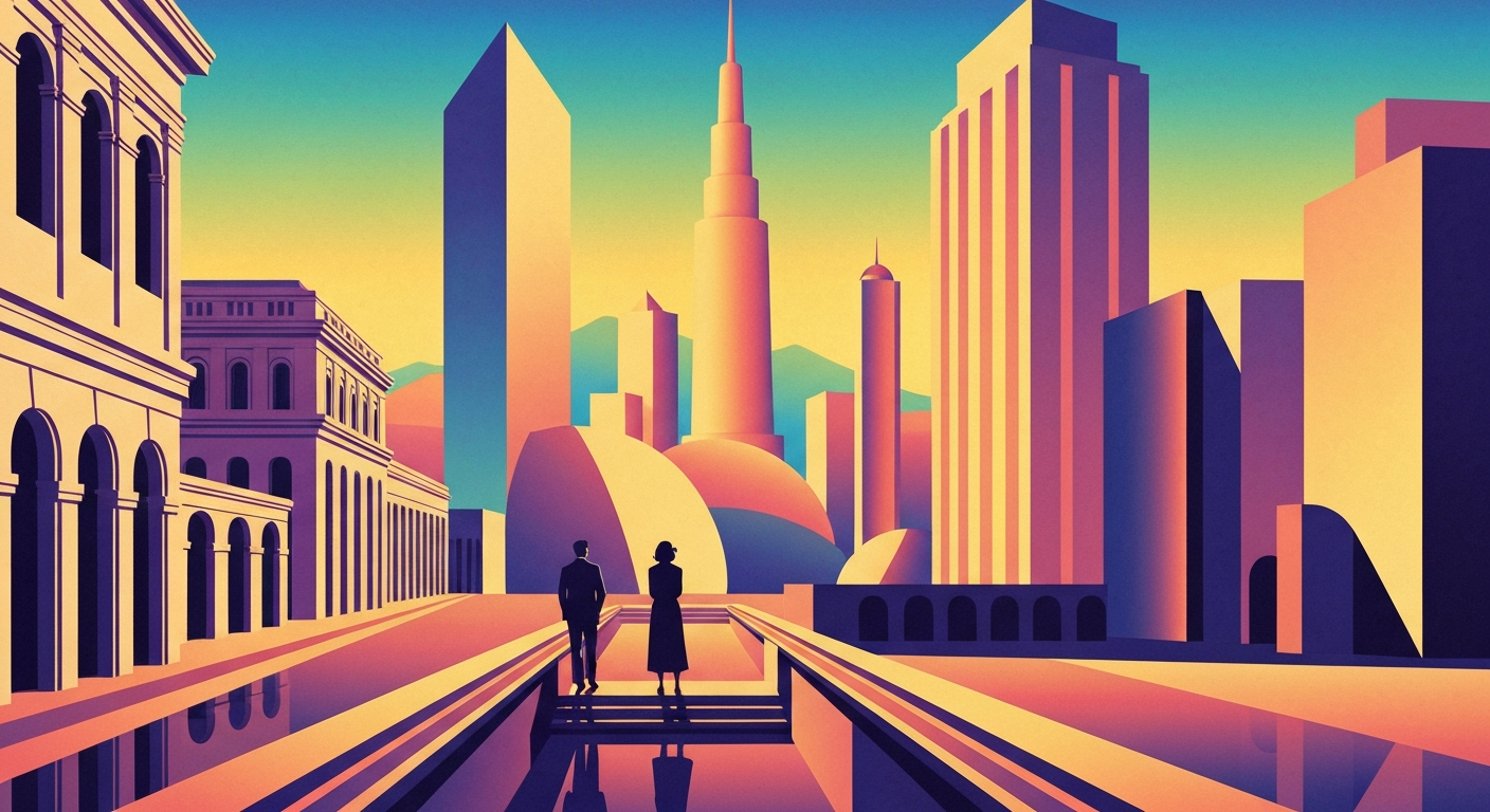 A bold, geometric illustration in the Art Deco style, featuring sweeping gradients of warm colors and sleek, streamlined architectural forms that capture the grand, nostalgic spirit of a classic American roadside steakhouse.