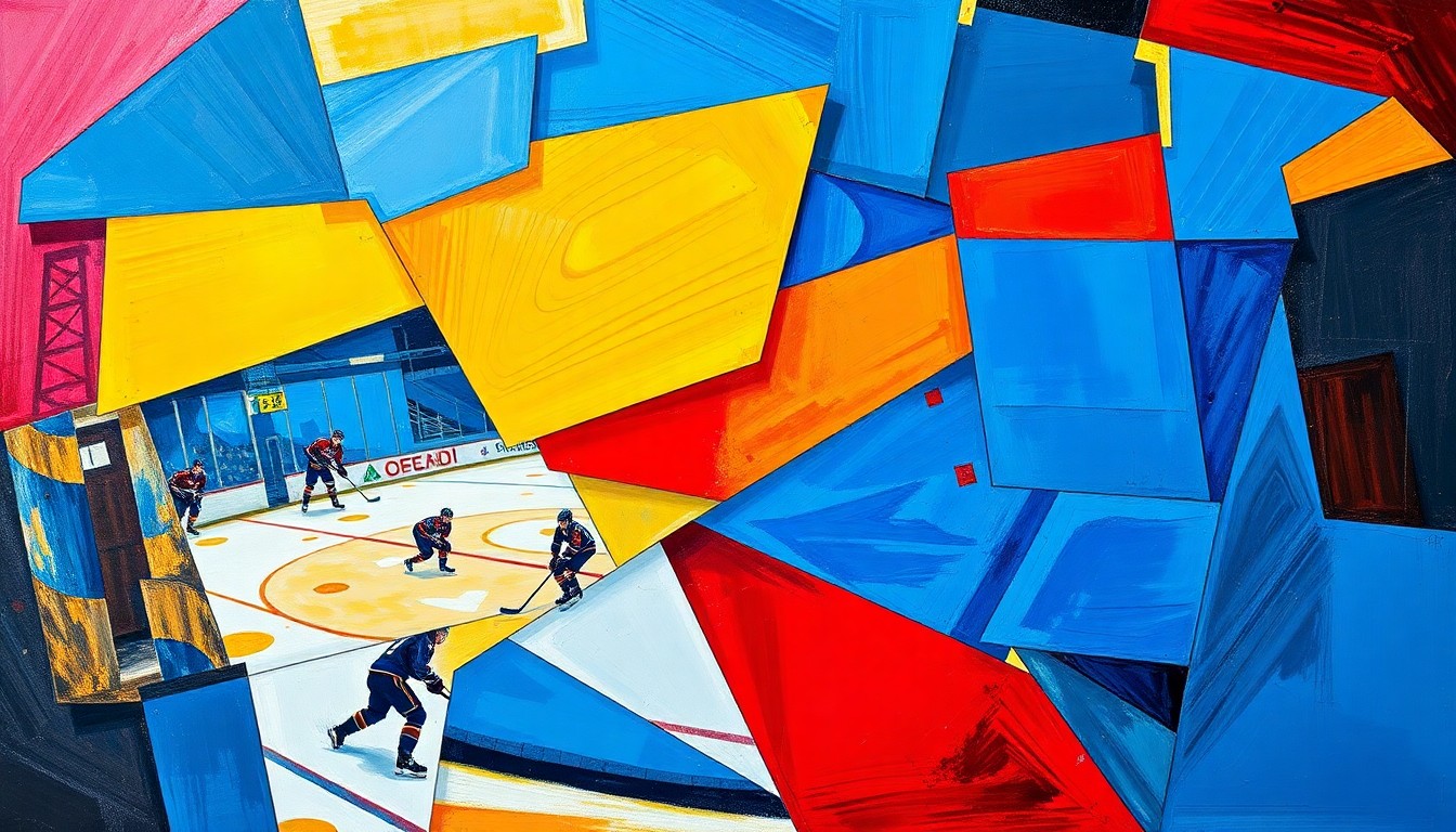A fractured, multi-perspective painting breaking down an ECHL hockey game into sharp, overlapping geometric planes of vibrant colors like royal blue, crimson red, and golden yellow, conceptually representing the intensity of the tight playoff race.