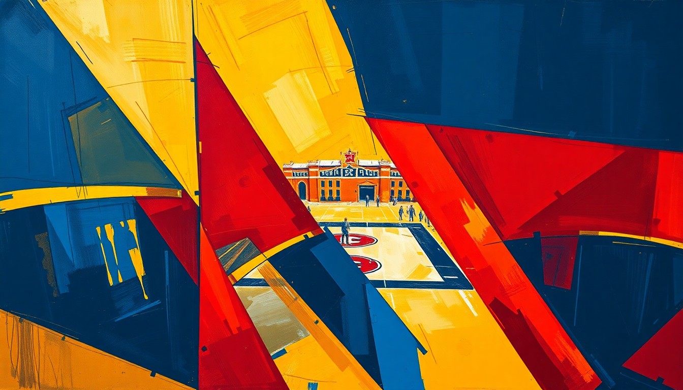 A cubist, geometric painting depicting the action and energy of a women's basketball championship game, with overlapping planes of navy, red, and gold shapes representing the players, court, and crowd.