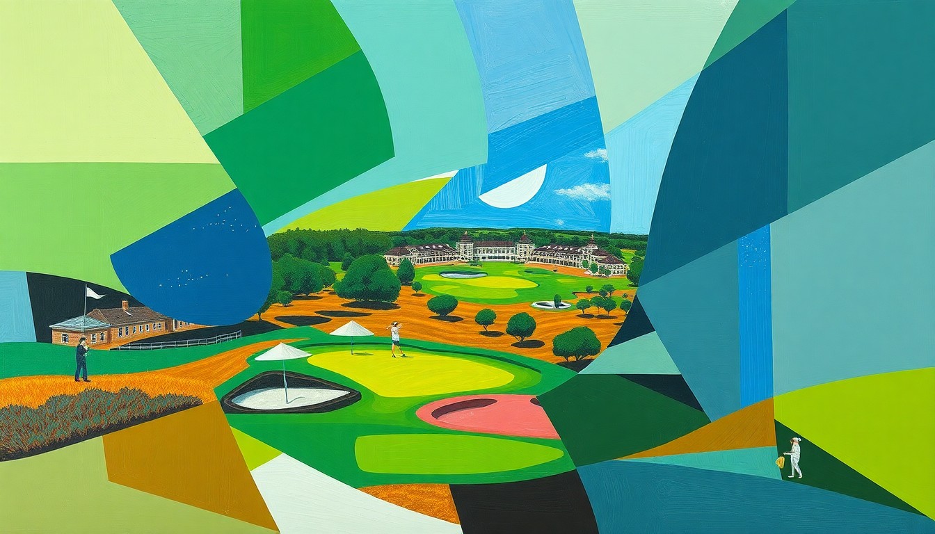 A cubist-style painting featuring fragmented, geometric shapes in shades of green, brown, and blue, capturing the dynamic energy and complexity of a professional golf tournament.