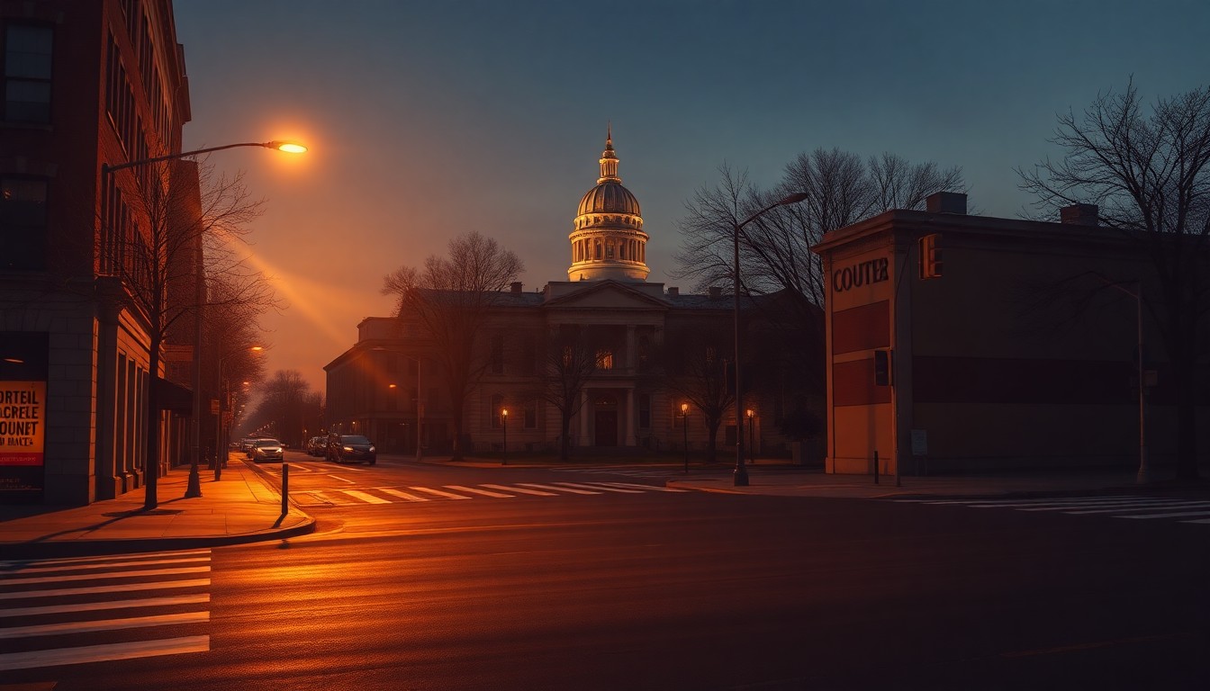 A quiet, cinematic painting of an empty city street corner at dusk, with a single government building in the background, bathed in warm, diagonal sunlight and deep shadows, conceptually representing the sensitivity around how governments observe religious holidays.
