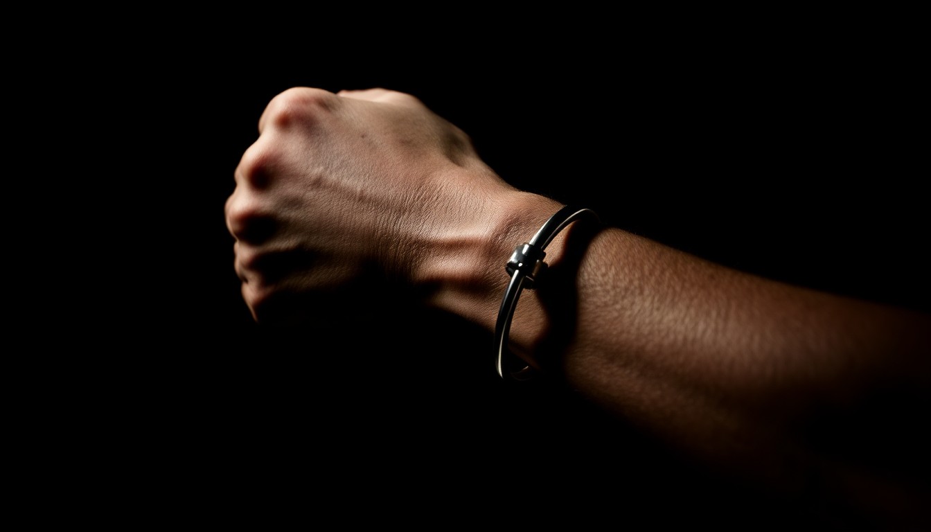 An extreme close-up photograph of a handcuffed wrist against a pitch-black background, capturing the texture and details of the skin and metal in a stark, gritty, investigative style.