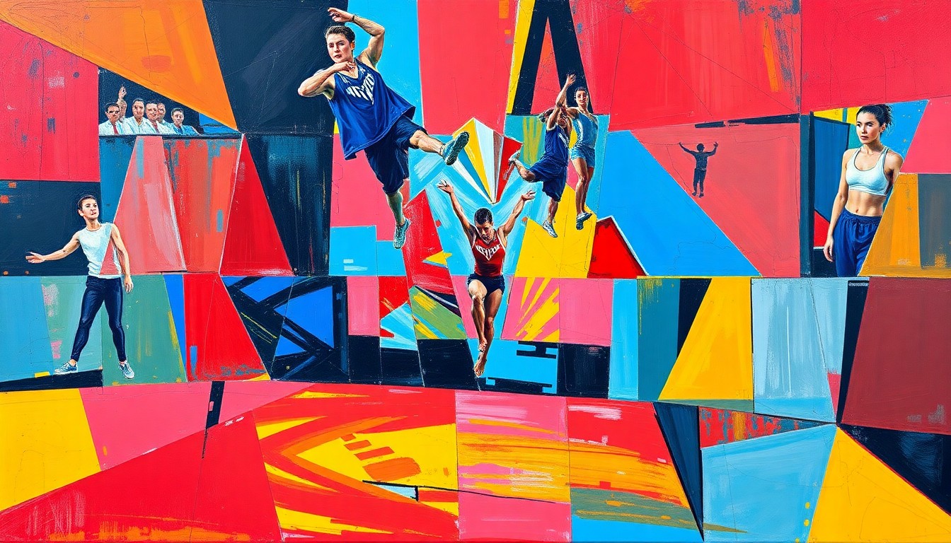 A cubist-style painting depicting fragmented, overlapping geometric shapes in a gymnastics competition, using bold colors to capture the dynamic energy of the sport.