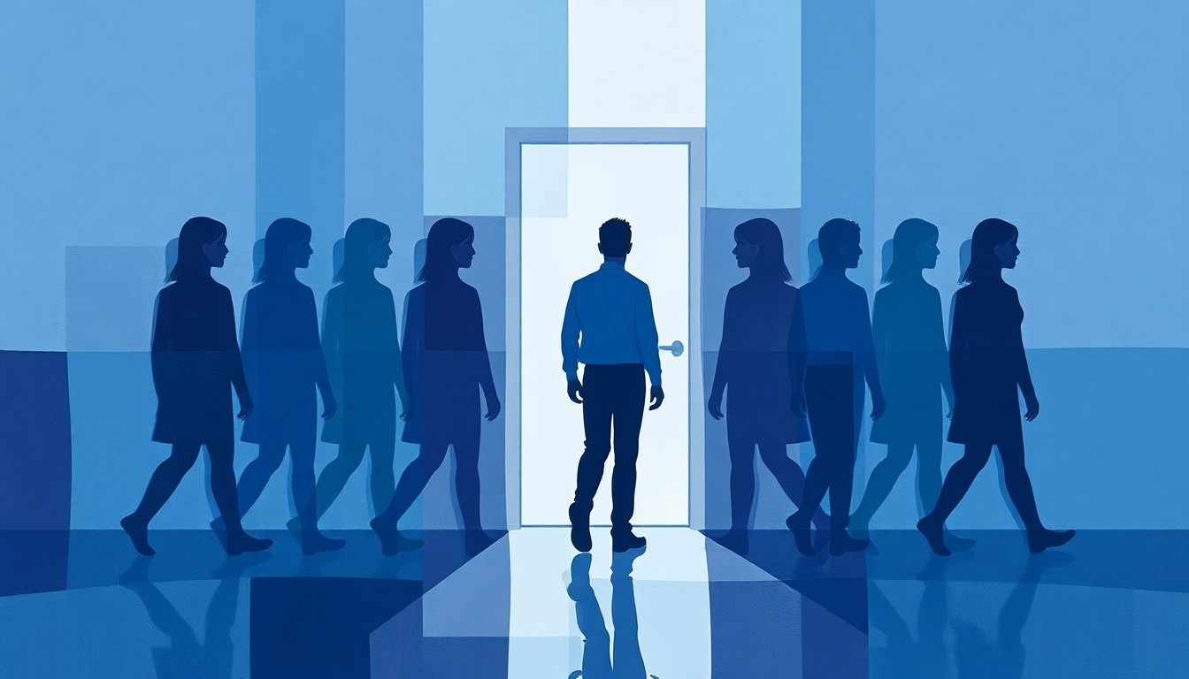A dynamic, abstract painting featuring the overlapping, fractured silhouette of a person walking towards a bathroom door, conveying the tension and movement surrounding the political debate over the new law.