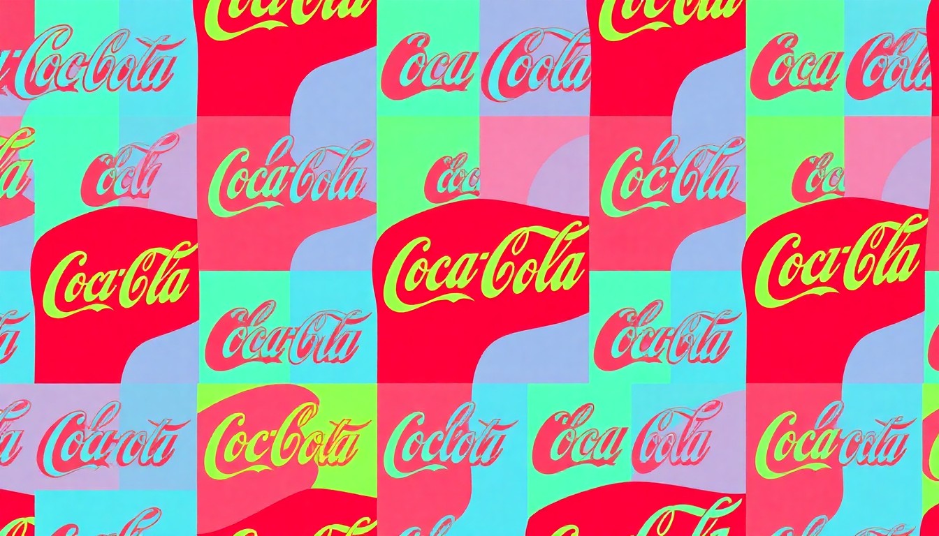 A brightly colored, high-contrast silkscreen print of a vintage Coca-Cola sign repeated in a tight grid pattern, in the style of Andy Warhol. The image utilizes flat, vibrant, and unnatural neon color palettes overlapping with heavy black photographic outlines to turn an everyday consumer item into modern pop art.