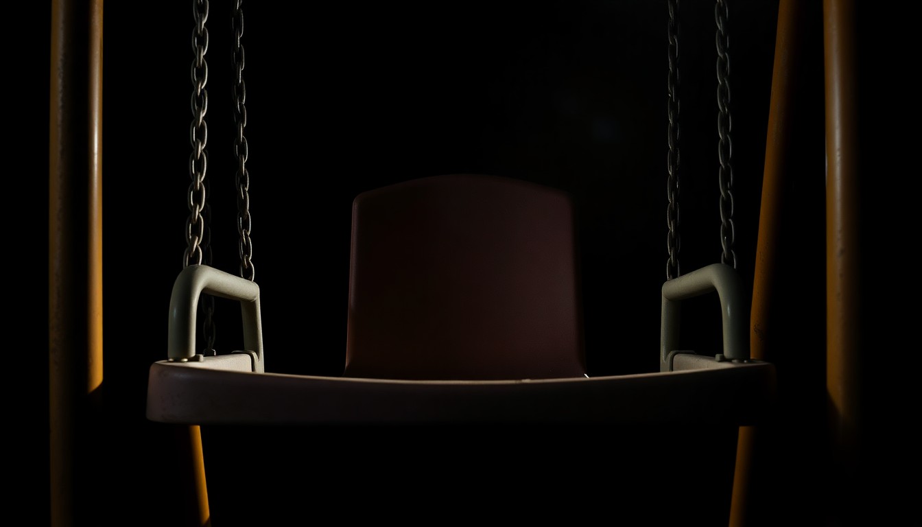 An extreme close-up photograph of a worn, weathered children's playground swing seat, dramatically lit by a harsh camera flash against a pitch-black background, conceptually representing the somber aftermath of a tragic incident at a public park.