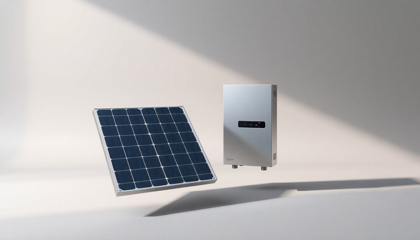 A photorealistic studio still life featuring a sleek solar panel and metal inverter device, conveying the abstract concepts of renewable energy technology and corporate strategy through elegant composition and dramatic lighting.