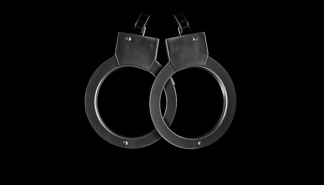 An extreme close-up photograph of a pair of handcuffs against a pitch-black background, the metal surfaces and reflective edges creating a stark, gritty, investigative aesthetic.