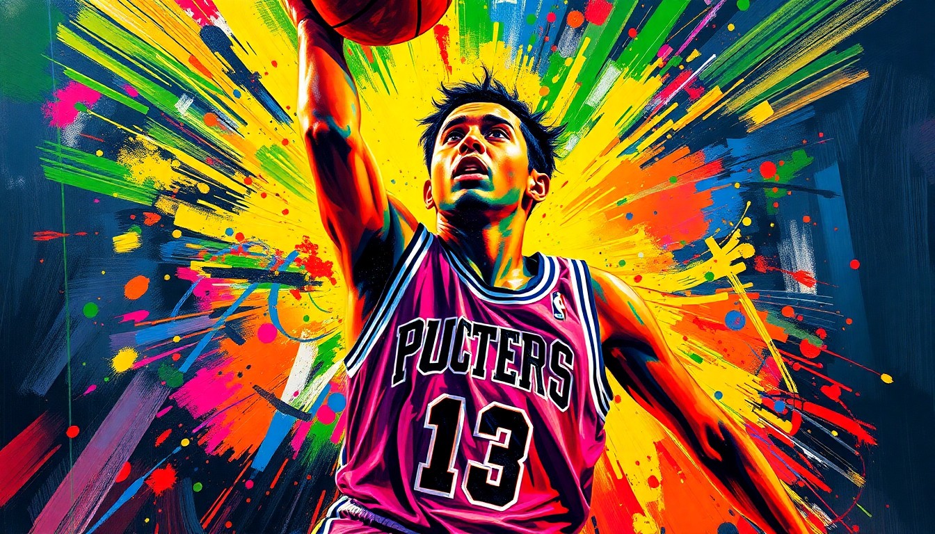 An abstract expressionist painting featuring vibrant neon brushstrokes and splatters of color, capturing the energy and dynamism of a young basketball player in motion, with his features obscured by the bold, gestural style.