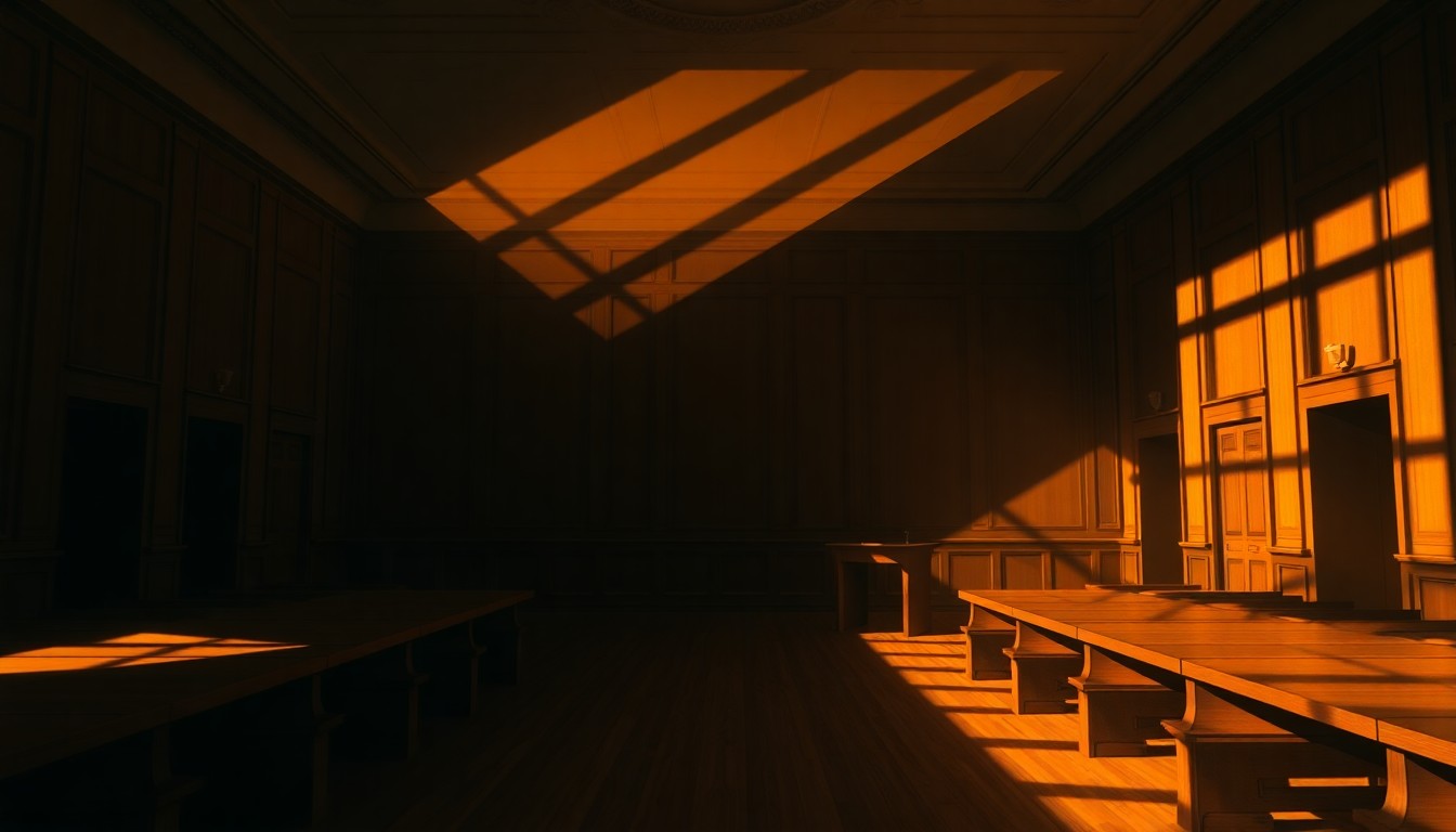 A dimly lit, empty courtroom with wooden benches and a judge's bench, the space bathed in warm, diagonal sunlight and deep shadows, creating a sense of solemnity and contemplation.