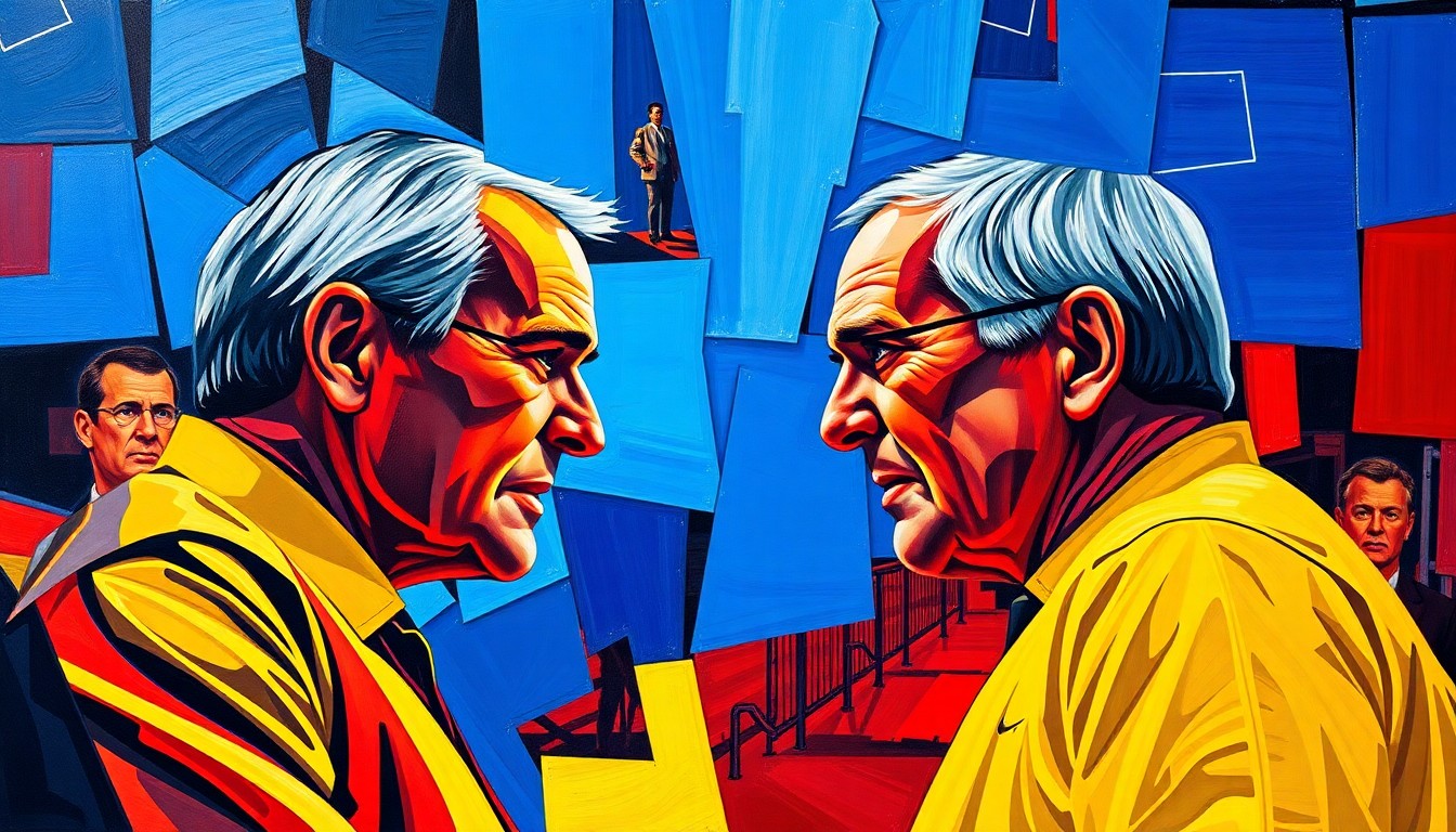 A fragmented, geometric painting depicting the heated confrontation between two college basketball coaches, with sharp planes of color and overlapping perspectives conveying the intensity of the moment.