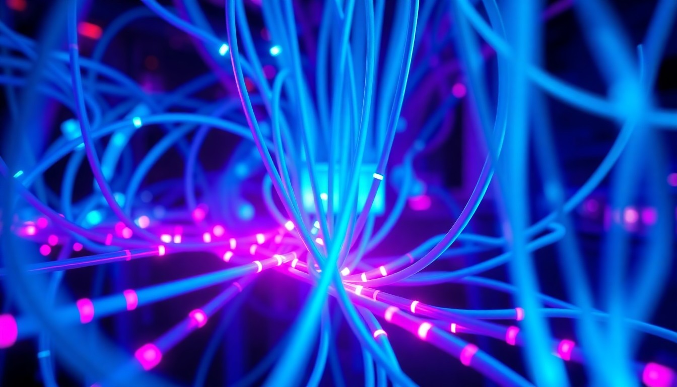 A highly detailed, tangible 3D macro illustration of glowing fiber optic cables and network infrastructure components, illuminated by vibrant neon cyan and magenta lights, conceptually representing the physical technology behind the internet upgrade project causing disruption in the city of Turlock.