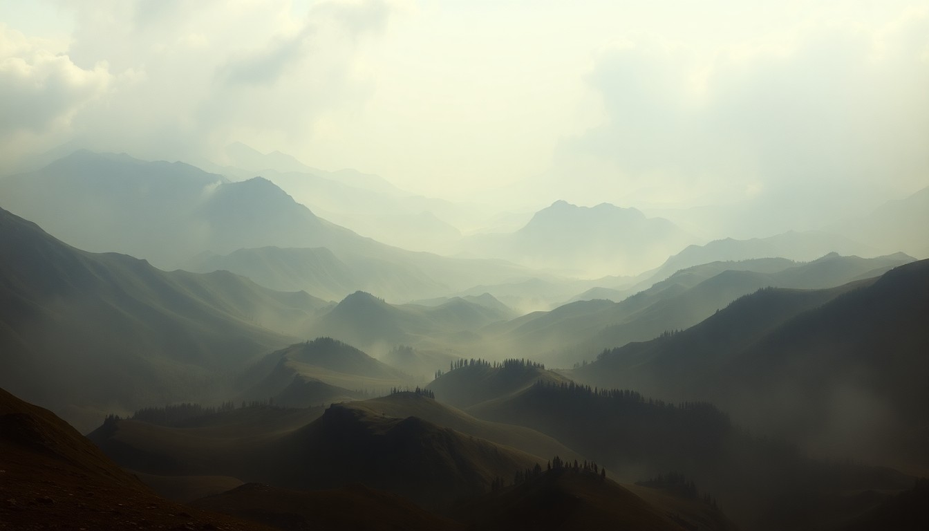 A vast, atmospheric landscape painting in muted tones of grey, brown, and blue, with rolling hills and distant mountains obscured by thick smoke and haze, conveying the overwhelming scale and power of natural forces.