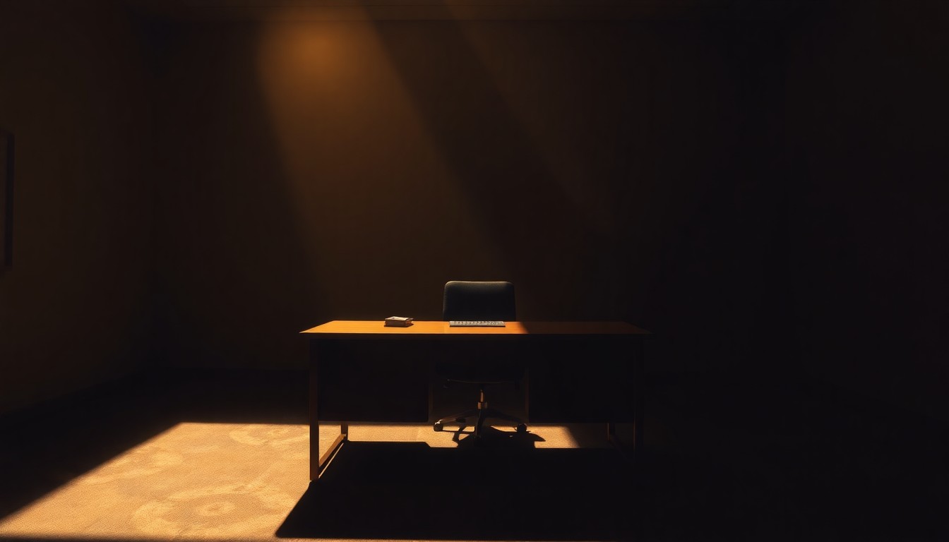 A minimalist painting of an empty office desk in a dimly lit room, with warm, diagonal sunlight and deep shadows, conveying a sense of solitude and personal turmoil.