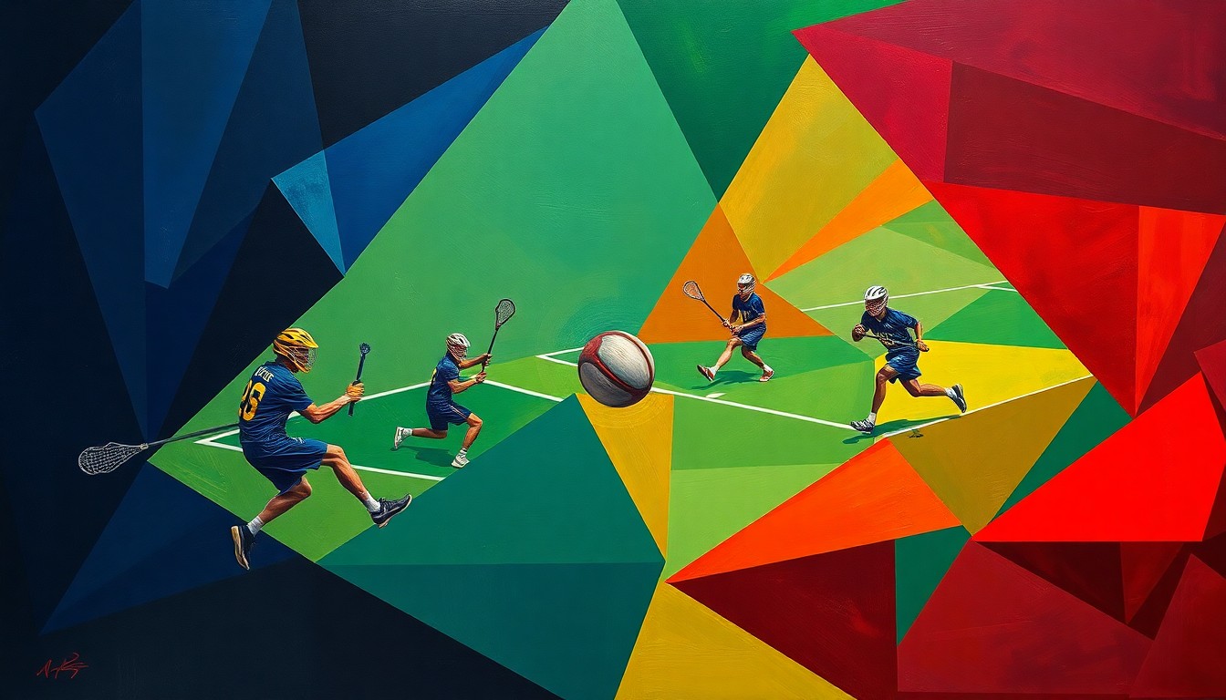 A fractured, multi-perspective painting breaking down a lacrosse game between two teams into sharp, overlapping geometric shapes in navy, green, and red.