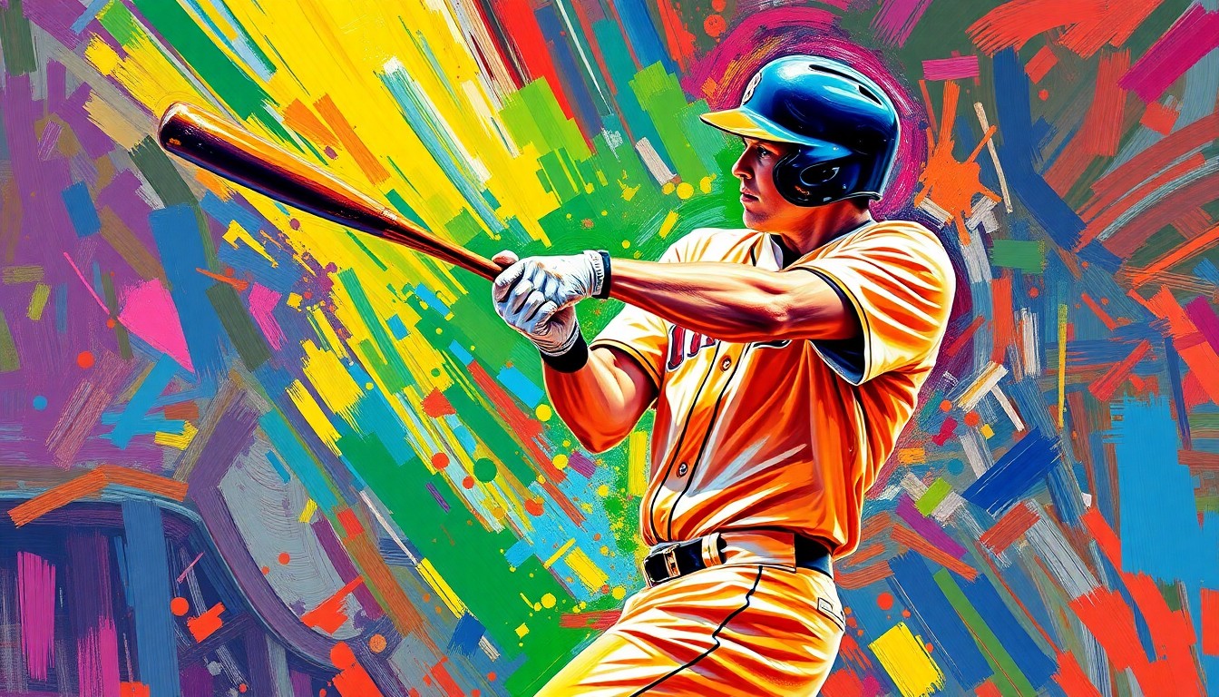 A dynamic, energetic painting in vibrant neon colors depicting the powerful swing and follow-through of a baseball player hitting a home run, conceptually representing the Braves' late-game offensive outburst.