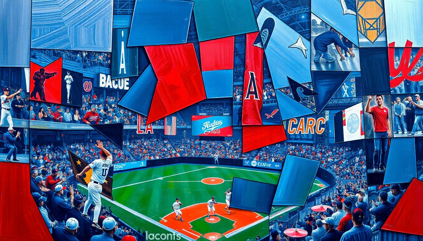 A fragmented, geometric painting depicting a baseball celebration scene with overlapping planes of navy, crimson, and metallic silver, conveying the energy and emotion of the event honoring Ozzie Guillen.