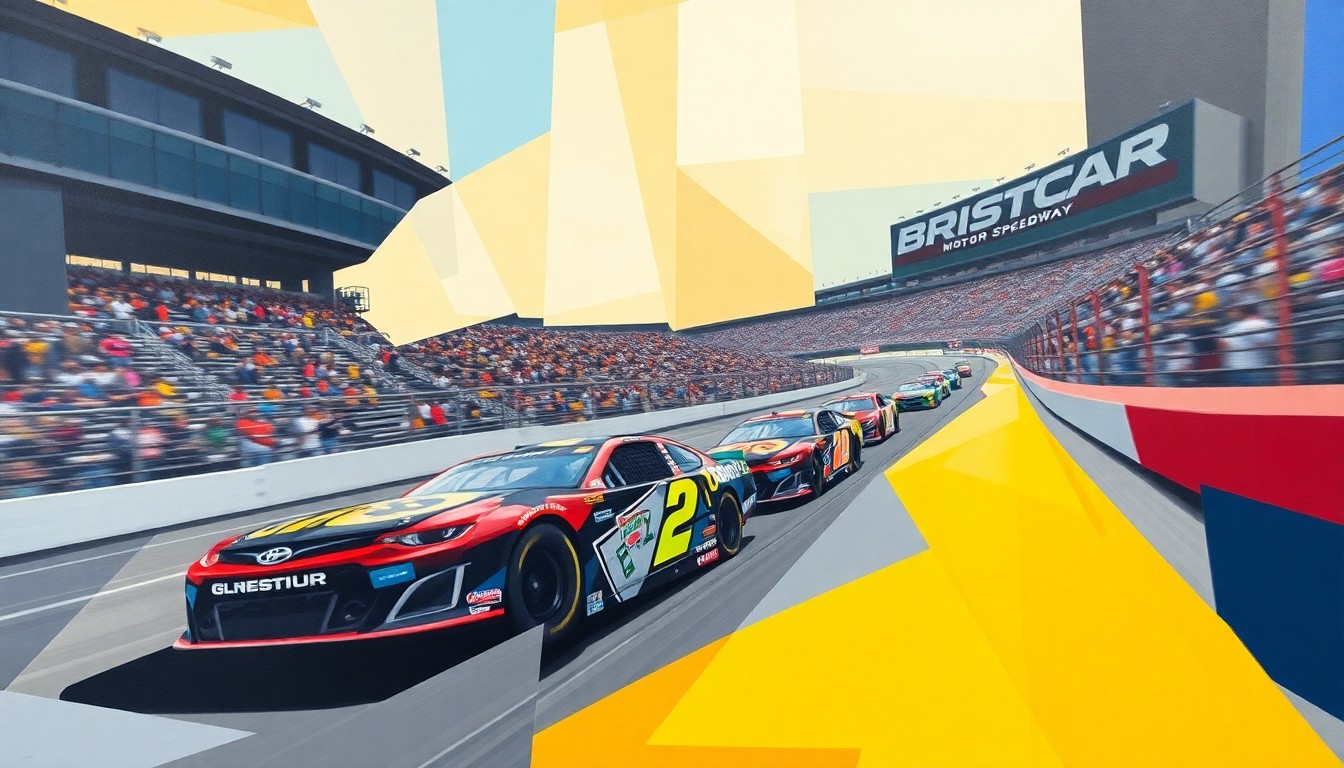 A fragmented, geometric painting depicting the chaotic motion and energy of a NASCAR race at Bristol Motor Speedway, with cars and track rendered in sharp, overlapping planes of color.