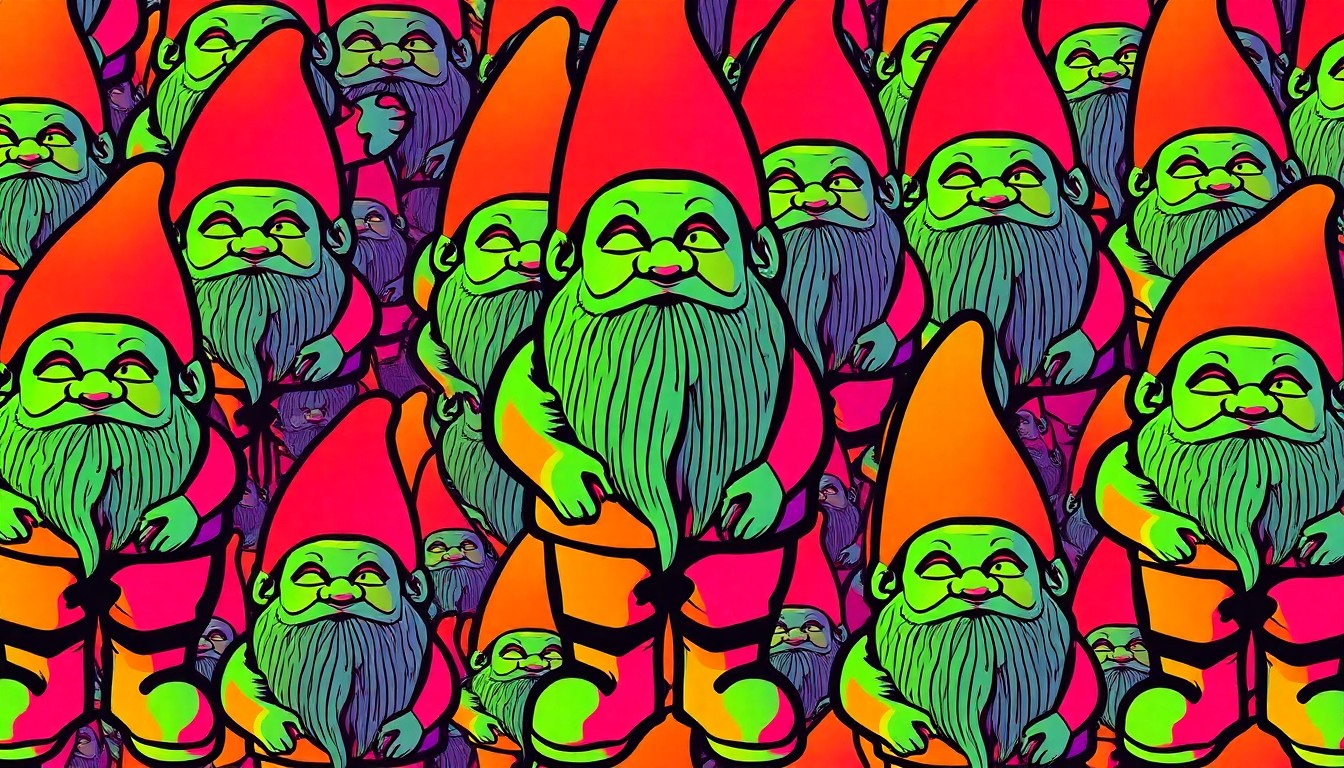 A vibrant, high-contrast silkscreen print featuring a repeated pattern of a colorful garden gnome figurine, conceptually representing the playful energy of a community festival.