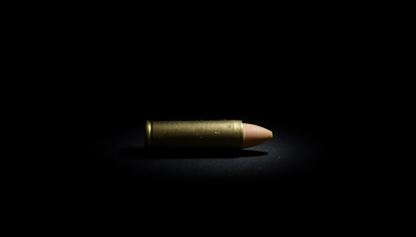 An extreme close-up photograph of a single spent bullet casing on a dark surface, lit by a harsh, direct camera flash, creating a stark, gritty, investigative aesthetic without any text or words.