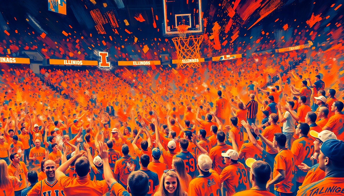 An abstract, expressionist painting in vibrant shades of orange and blue, capturing the energy and excitement of a packed basketball arena filled with cheering Illinois fans. The faces and details of the crowd dissolve into unrecognizable splatters, conveying the frenetic atmosphere of the event.