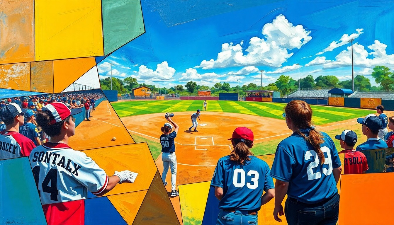 A fragmented, cubist-style painting depicting the dynamic action of a high school softball game, with the competing teams' colors visible through the overlapping geometric shapes.
